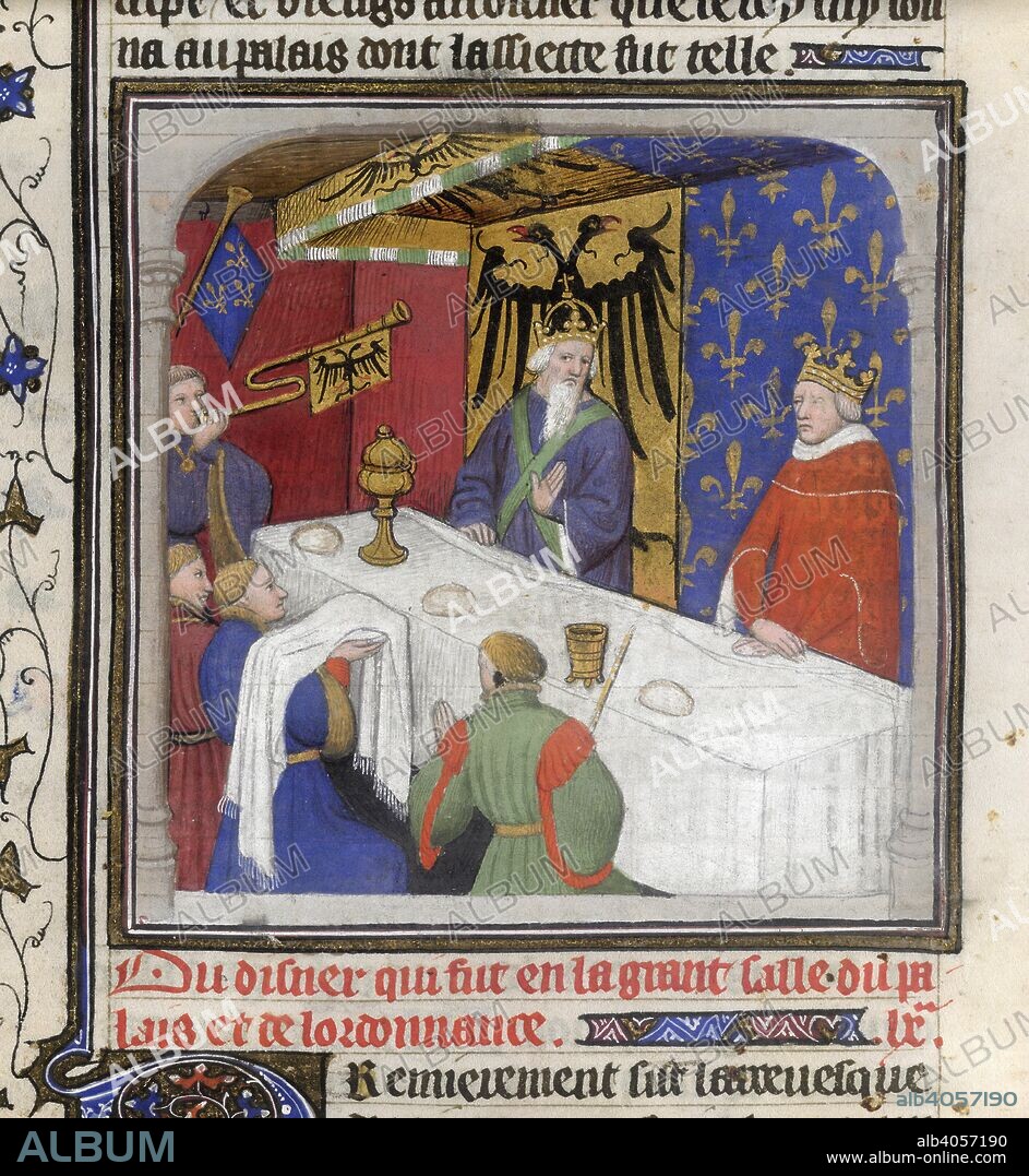 Banquet of the Emperor and King. Grandes Chroniques de France. Circa 1415. [Miniature] Banquet of the Emperor Charles IV of Germany and King Charles V of France  Image taken from Grandes Chroniques de France.  Originally published/produced in Circa 1415. . Source: Cotton Nero E. II pt 2, f.229. Language: French.