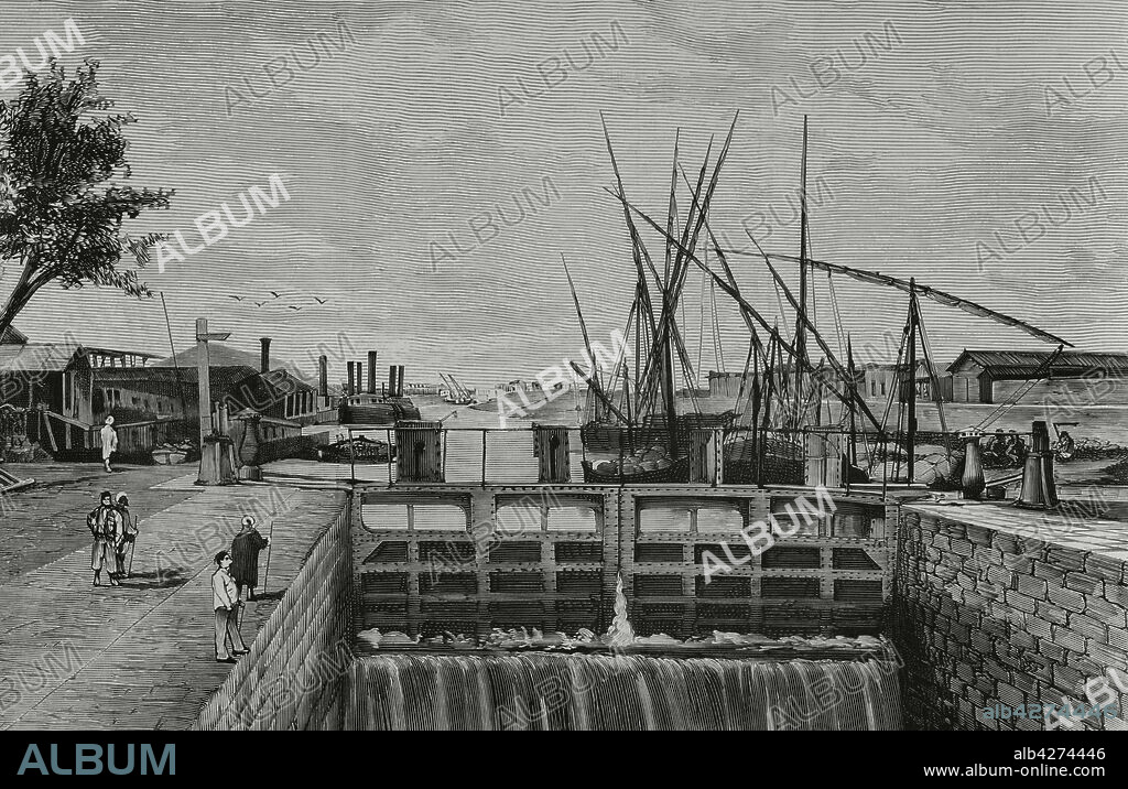 EUGENIO VELA (D.1895). SPANISH ENGRAVER.. Egypt, Suez Canal. Ismailia. Freshwater canal lock, near the railway station. Drawing by A. de Caula. Engraving by Vela. La Ilustración Española y Americana, 1882.