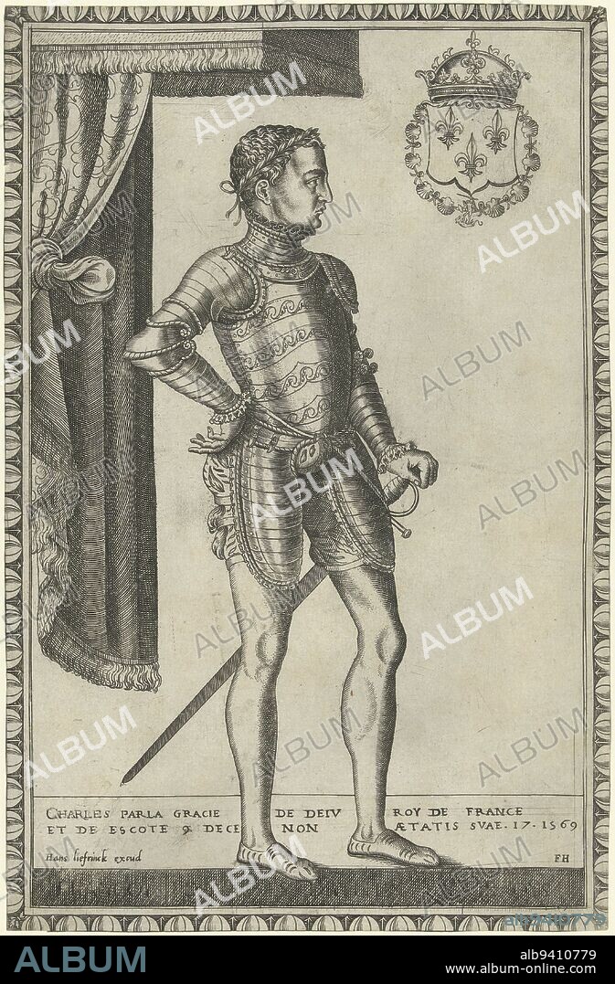 Portrait of Charles IX, King of France, fully dressed to the right in armour under a canopy, the left hand resting on his sword. Top right his coat of arms. Beneath a two-line text in French, Portrait of King Charles IX of France Portraits of kings and queens full-length (series title), print maker: Frans Huys, (mentioned on object), publisher: Hans Liefrinck (I), (mentioned on object), Antwerp, 1546 - 1562, paper, engraving, h 295 mm × w 193 mm.