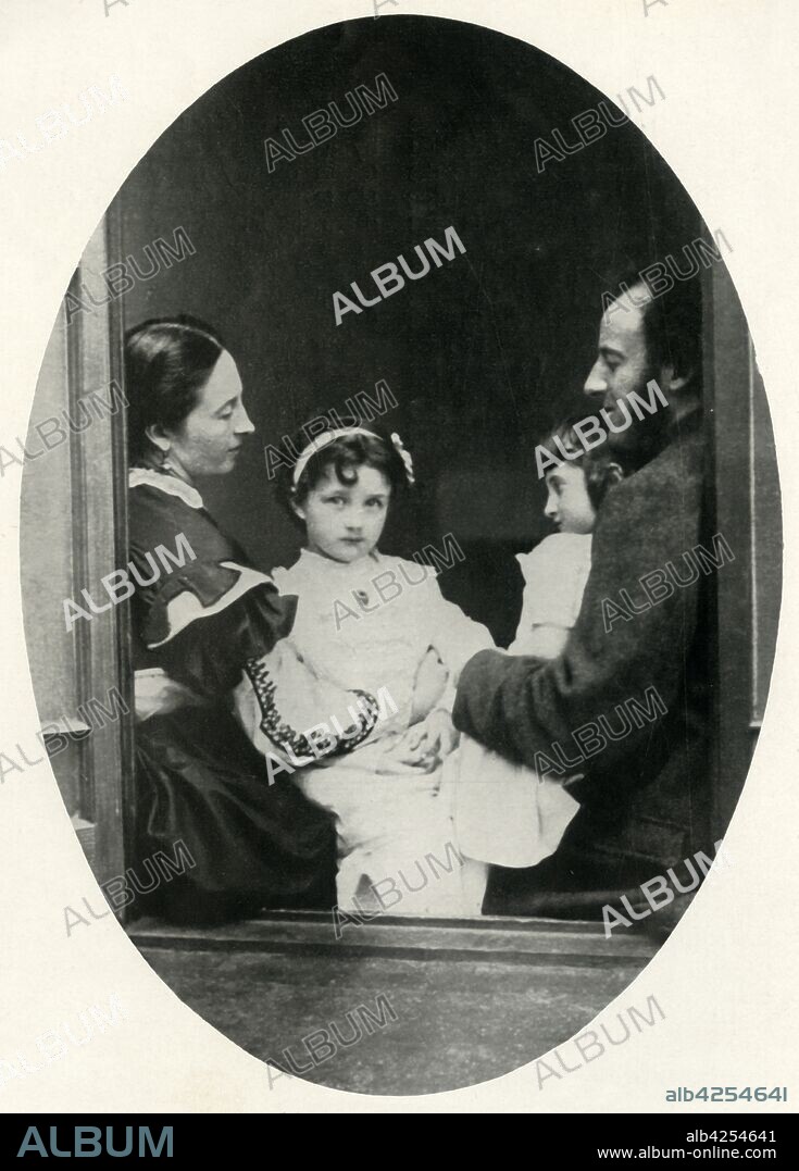 LEWIS CARROLL. Effie Gray, John Everett Millais, and their daughters Effie and Mary at 7 Cromwell Place, 21 July 1865, (1948). British Pre-Raphaelite painter Millais with his family. From "The Saturday Book", Eighth Year, edited by Leonard Russell. [Hutchinson, London, 1948].