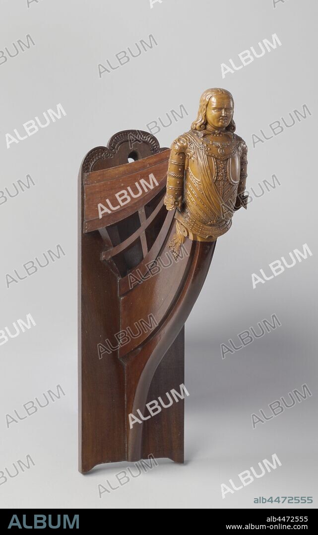 Model of a Beakhead with Figurehead, Model of a figurehead by Michiel de Ruyter with a back plate for a galleon. The figurehead is a male bust, the arms cut off at the elbow, and depicts the Dutch naval hero Michiel Adriaansz. de Ruyter for. The back plate is decorated with carving., Flushing, Michiel Adriaansz. de Ruyter, De Ruyter (ship), Rijkswerf Vlissingen, 1852 - 1854, wood (plant material), h 44.5 cm × w 28 cm × d 13.4 cm.