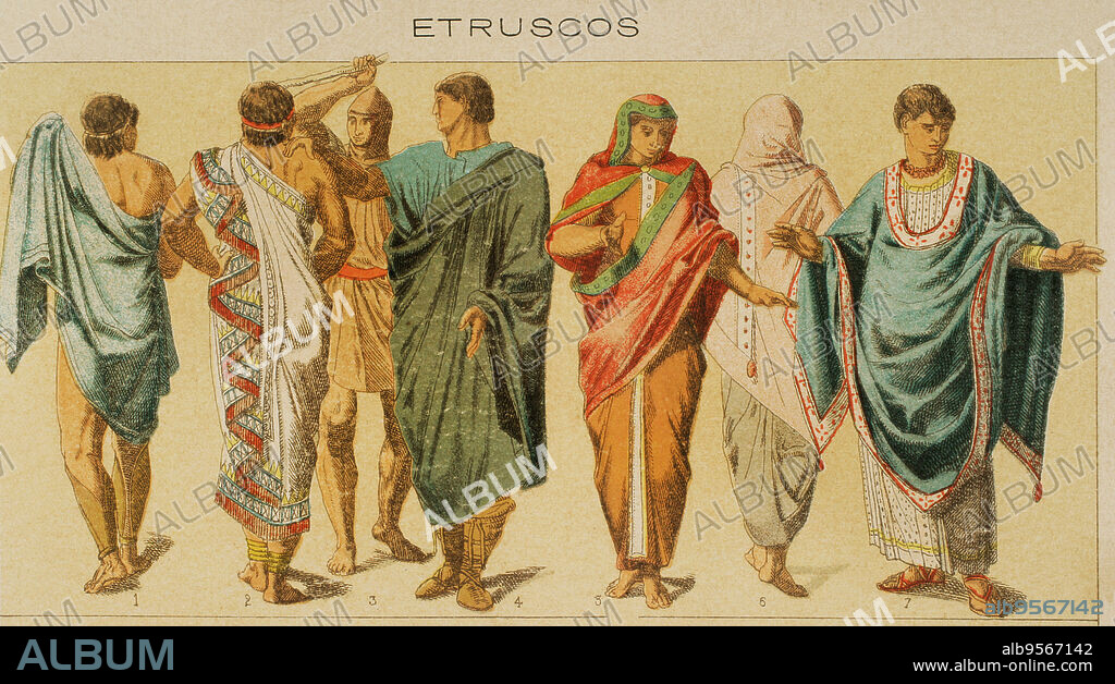 Etruscans. Clothing. From left to right: 1- Etruscan coat, 2- longer coat, 3- hooded coat, 4- chiton, 5 and 6- hooded women's coats, 7- chiton. Chromolithography. "Historia Universal", by César Cantú. Volume II, 1881.