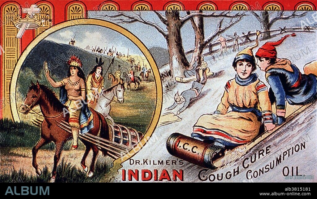 Dr. Kilmer's, "The people's favorite." Visual motif: Showing Indians on horseback and people sledding. Dr. S. Andral Kilmer (1840-1924) developed the Swamp Root formula and began selling it around 1878. Three years later, Dr. Kilmer's brother Jonas (1843-1912) arrived from New York City to help run the business. In 1892, Jonas bought out his brother and brought in his son Willis to direct marketing and advertising. The Swamp Root formulation fell out of favor after the advent of the 1906 Pure Food and Drug Act, which resulted in the federal government imposing testing and labeling requirements on a variety of products, including patent medicines with dubious claims.