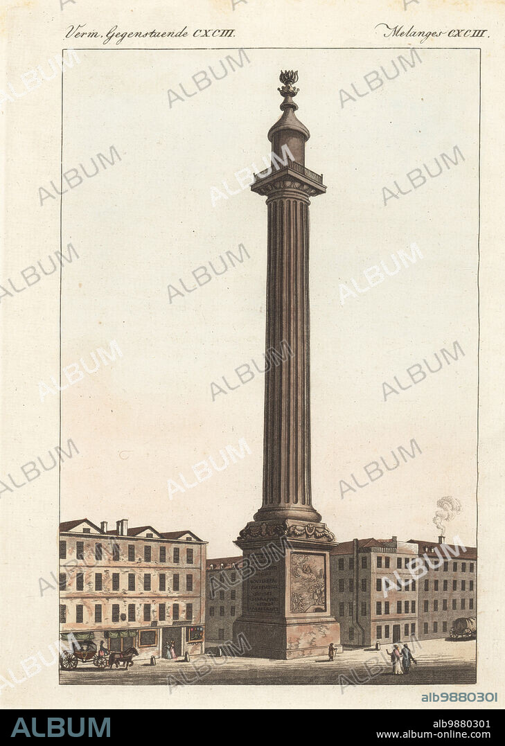 The London Monument, flame-topped 61m-tall Doric column erected in 1677 by  architect Sir Christopher Wren to commemorate the Great Fire of London of  1666. Le Monument de L - Album alb9880301