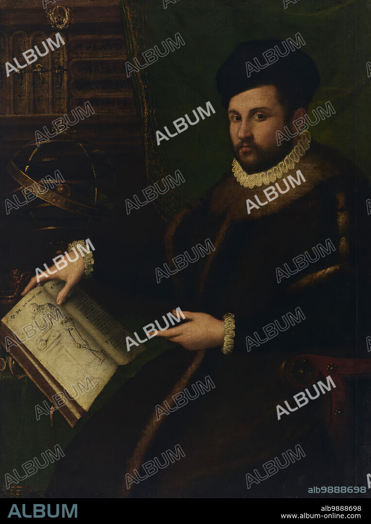 LAVINIA FONTANA. Portrait of Girolamo Mercuriale, 1588-1589. The Italian physician and scholar Girolamo Mercuriale (1530-1606) reads an edition of the pioneering work on human anatomy "On the Fabric of the Human Body," published first in Latin in 1543 by the great Flemish physician Andreas Vesalius. Mercuriale points to one thought-provoking illustration: a human skeleton meditating on another skull. The portrait may be one requested by the duke of Urbino in 1588. Mercuriale's learning is advertised by the works of eminent Greek, Roman, and Arab authors on his shelves.