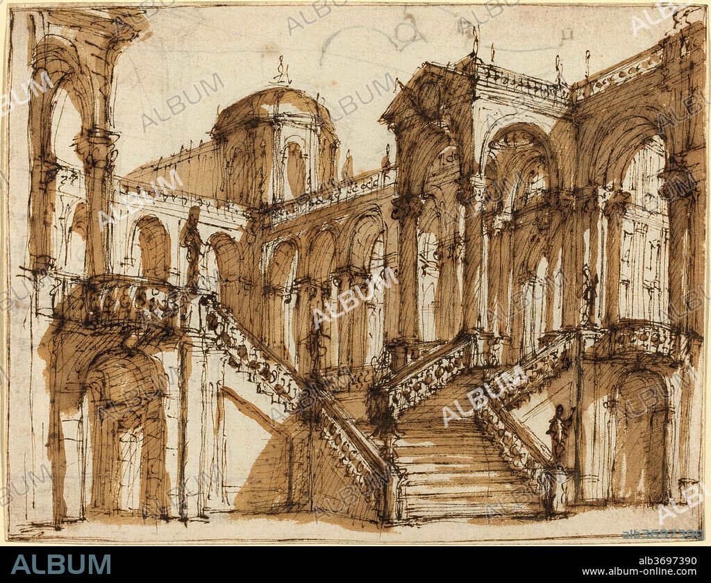 MAURO ANTONIO TESI. Stage Design. Dated: c. 1755. Dimensions: Overall: 13.9 x 18 cm (5 1/2 x 7 1/16 in.)  support: 21.2 x 25.7 cm (8 3/8 x 10 1/8 in.). Medium: pen and brown ink with brown wash over graphite.