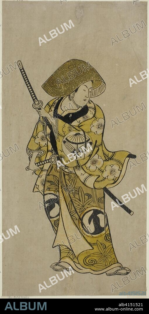 The Actor Sawamura Kamesaburo as Nagoya Kosanza in the play "Keisei Fukubiki Nagoya," performed at the Nakamura Theater in the first month, 1731. Attributed to Okumura Toshinobu; Japanese, active c. 1717-50. Date: 1731. Dimensions: 12 x 5 7/8 in. Hand-colored woodblock print; hosoban, urushi-e. Origin: Japan.