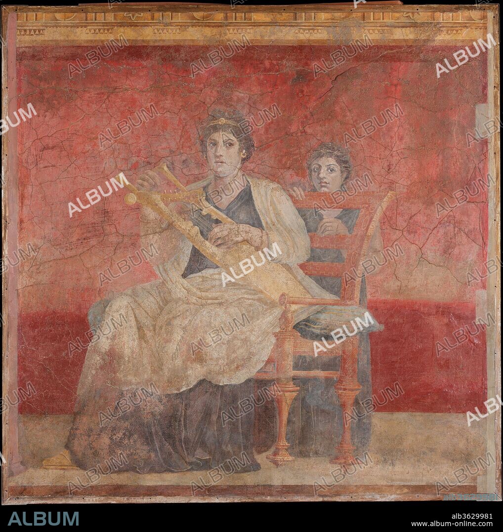 Wall painting from Room H of the Villa of P. Fannius Synistor at Boscoreale. Culture: Roman. Dimensions: Overall: 73 1/2 x 73 1/2in. (186.7 x 186.7cm). Date: ca. 50-40 B.C..
This painting of a seated woman playing a kithara is from Room H, either a dining room (triclinium) or a room for social gatherings (oecus), in the villa at Boscoreale. Each of the paintings that originally adorned this room derives from the Greek tradition of megalographia, or large-scale painting, about which so much was written in antiquity; Apollinaris of Sidonius, Petronius in the Satyricon, and Vitruvius all shed light on the use of megalographia in Roman villas.
In this fresco, the kithara player is depicted as a plump young woman clothed in a purple chiton and white himation. She is adorned with a bracelet, earrings, and headband with a central medallion, all of gold. A small figure of Atlas supports the arm of her elaborately carved chair that originally was lacquered a deep lustrous red. The instrument she plays is not a simple lyre, but a gilded kithara, a large concert instrument played by Apollo and professional musicians. Behind the seated woman stands a small girl wearing a sleeveless purple chiton. She, too, is adorned with a gold headband, bracelet, and loop earrings. Like portrait figures, the woman and the girl gaze directly at the spectator.
Most recently it has been suggested that the pair may represent a Macedonian queen, or princess, and her daughter or younger sister. The gilded kithara and richly adorned, thronelike chair, as well as the carefully rendered gold jewelry and headbands, give the impression of royal personage. Whatever the exact subject, this painting and others in the villa were admired as excellent copies of Hellenistic art that emphasized the erudition and worldliness of the villa's owner.