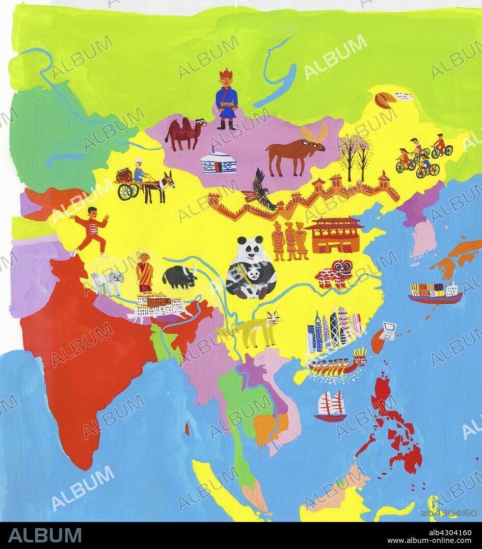 Illustrated map of China, Hong Kong, Mongolia, Taiwan and Nepal.