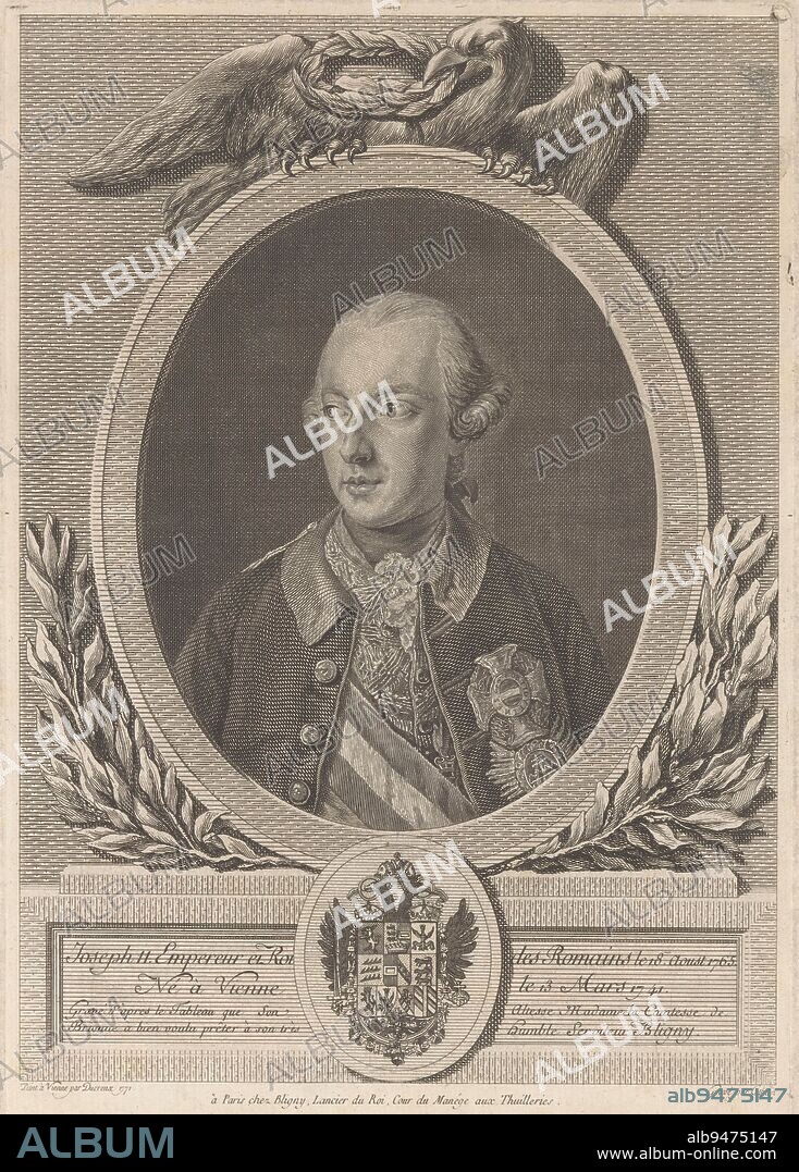 Portrait of Joseph II in an oval frame with an eagle, print maker: Louis Jacques Cathelin, (mentioned on object), after: Joseph Ducreux, (mentioned on object), publisher: Honoré Thomas Bligny, print maker: France, after: France, publisher: Paris, 1771 - 1804, paper, engraving, etching, h 269 mm × w 190 mm.