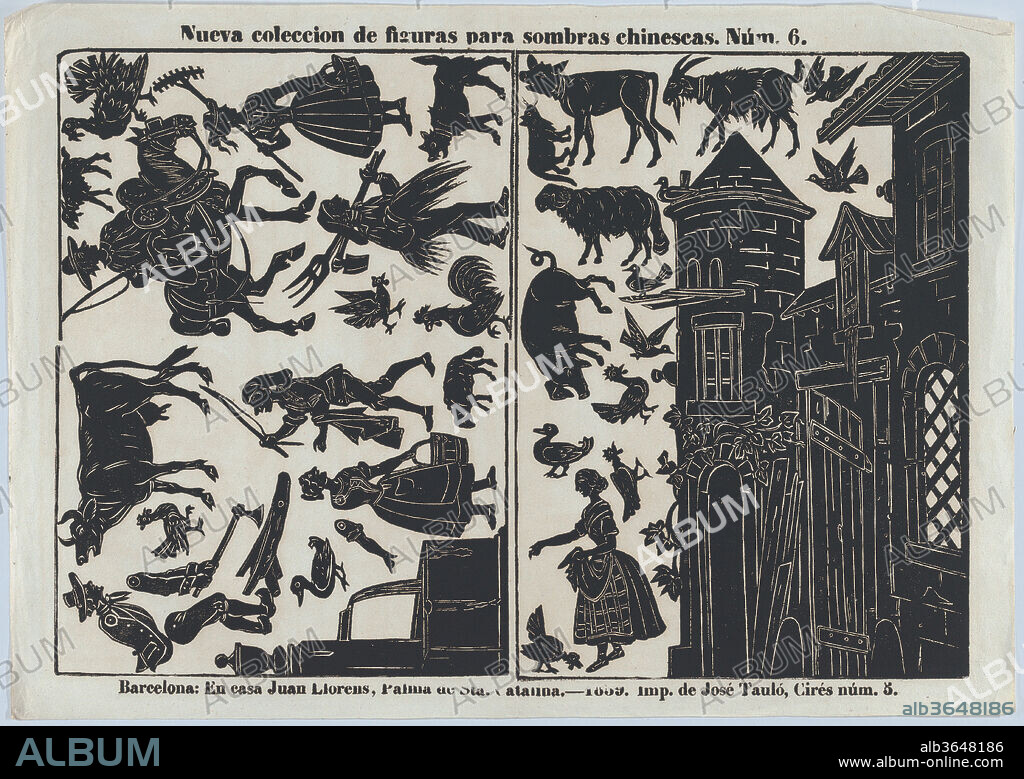 Sheet 6 of figures for Chinese shadow puppets. Dimensions: Sheet: 12 13/16 × 8 11/16 in. (32.5 × 22 cm). Printer: José Taulo (Spanish, active ca. 1855-70). Publisher: Juan Llorens (Spanish, active Barcelona, ca. 1855-70). Date: 1859.