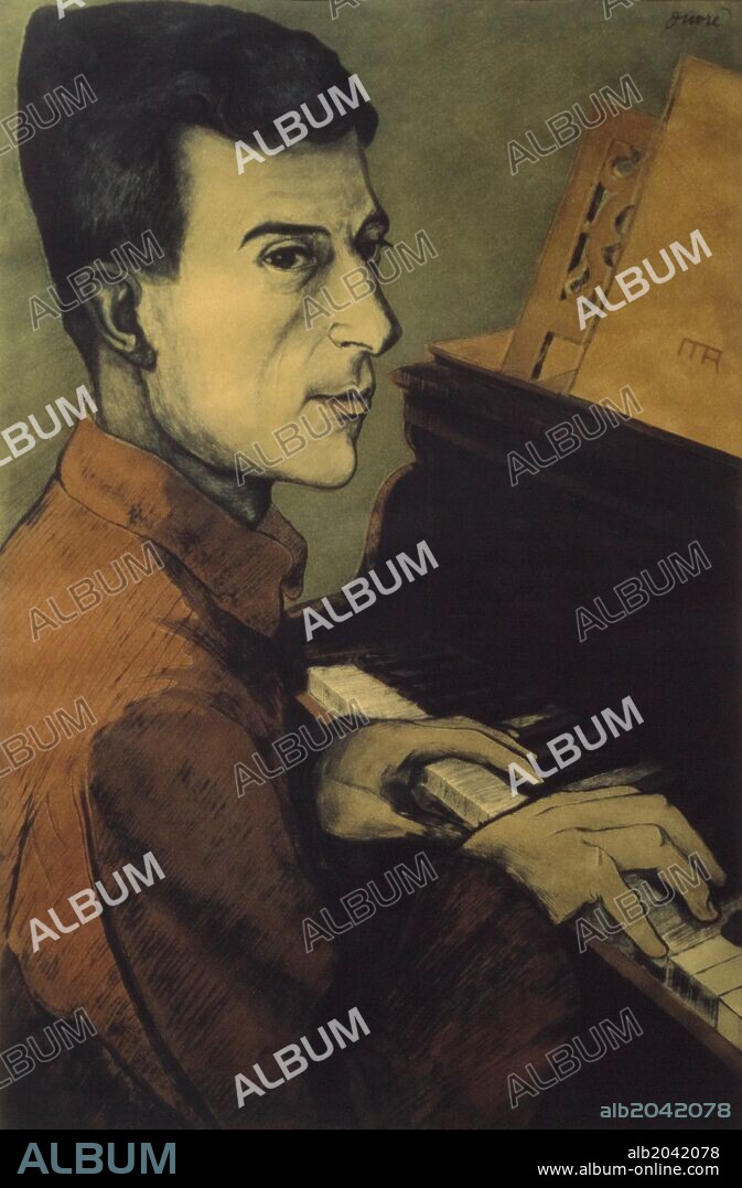 Maurice Ravel at piano, lithograph.