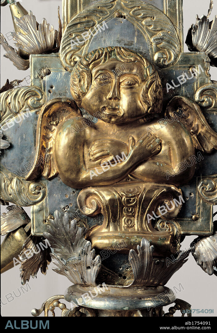 Astylar cross, by Veneto-Byzantine school artist, 15th Century, gold and silver. Italy, Lombardy, Bergamo, Carmine Church. Detail. Astylar cross jewelry angel nimbus wings volutes acanthus leaves gold silver.