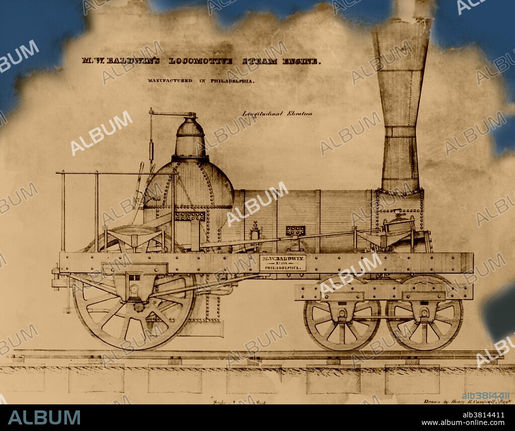 A steam locomotive is a railway locomotive that produces its pulling power through a steam engine. These locomotives are fueled by burning combustible material to produce steam in a boiler. The steam moves reciprocating pistons which are mechanically connected to the locomotive's main wheels. Both fuel and water supplies are carried with the locomotive, either on the locomotive itself or in wagons pulled behind. Matthias William Baldwin (1795-1866) was an American inventor and machinery manufacturer, specializing in the production of steam locomotives. Baldwin's small machine shop, established in 1825, grew to become Baldwin Locomotive Works, one of the largest and most successful locomotive manufacturing firms in the United States. The most famous of the early locomotives was "Old Ironsides", built in 1832.