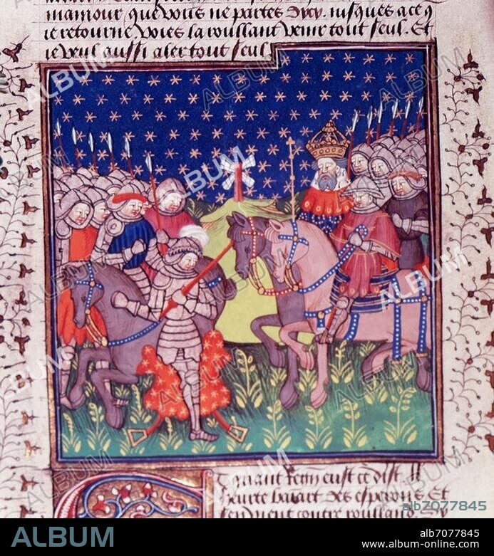 Illumination, French, Rouen, before 1445. Richard, the brother of Reinold of Montalban, before Charlemagne. Illustration for the myth of Haymon's Children. From the Talbot Shrewsbury Book of Romances. 47.5 × 33.5 cm. Ms. Royal 15 E. VI, f. 176 v, London, British Library.