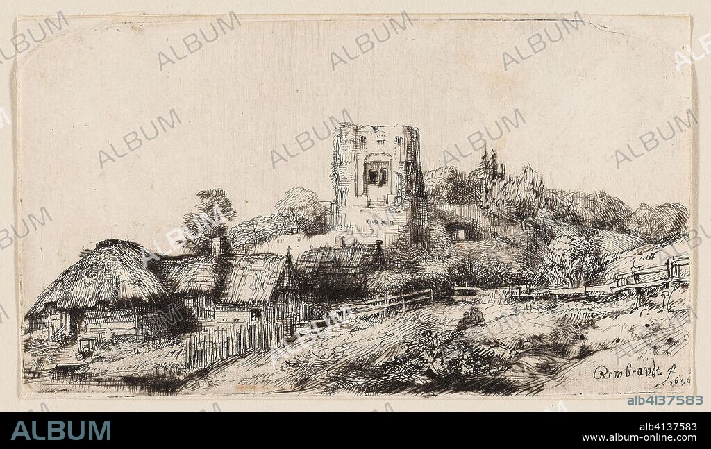 REMBRANDT HARMENSZOON VAN RIJN. Landscape with a Square Tower. Rembrandt van Rijn; Dutch, 1606-1669. Date: 1650. Dimensions: 88 x 156 mm (plate); 90 x 157 mm (sheet). Etching and drypoint in black on off-white laid paper. Origin: Holland.