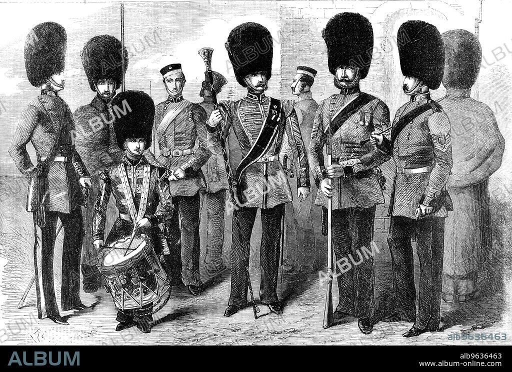 New Uniform of the Coldstream Guards, 1856. 'The Night Sentry has been made almost luxuriously comfortable, even in the most severe weather, by the new great-coat...The Drill Sergeant's collar...has been considerably reduced in depth, and the gold facings and star have been decreased in proportion...The Colour Sergeant has now a plain blue cloth collar, decorated with a star, but no gold lace. The Drum Major's massive epaulets have been exchanged for wings of gold lace with bullion fringe...The Barrack Guard have had their convenience consulted by the substitution of the new unstiffened blue forage cap with white band for the hard unbending cap they used to wear, The Drummer's new collar, opening in front, and narrower, must make him feel more at ease...The Major's uniform has...a star and crown [on] his new collar...'. From "Illustrated London News", 1856.