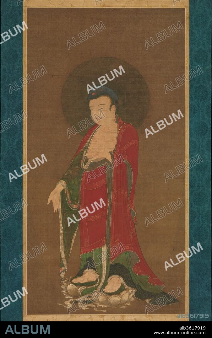 Buddha Amitabha Descending from His Pure Land. Culture: China. Dimensions: Image: 41 1/8 x 21 1/8 in. (104.5 x 53.7 cm)
Overall with mounting: 71 1/2 x 28 1/4 in. (181.6 x 71.8 cm)
Overall with knobs: 71 1/2 x 30 3/8 in. (181.6 x 77.2 cm). Date: late 13th century.
The imagery in this painting shows the Buddha Amitabha descending from his Pure Land to welcome the soul of a recently deceased individual into his paradisiacal abode. Amitabha is one of several Buddhas who create and maintain such realms, and paintings of Amitabha (either alone or attended by bodhisattvas) were among the most widely produced images in China from the twelfth to the fourteenth century. Here, the Buddha stands on two lotuses and holds his right hand in a gesture of welcome. He wears a green undergarment with a wide hem decorated with floral patterns and a red monastic shawl with gold bands. The abstracted folds of drapery on the right arm, the transparency of the green garment as it falls over the arm, and the figure's bean-shaped face are characteristic of the thirteenth century.