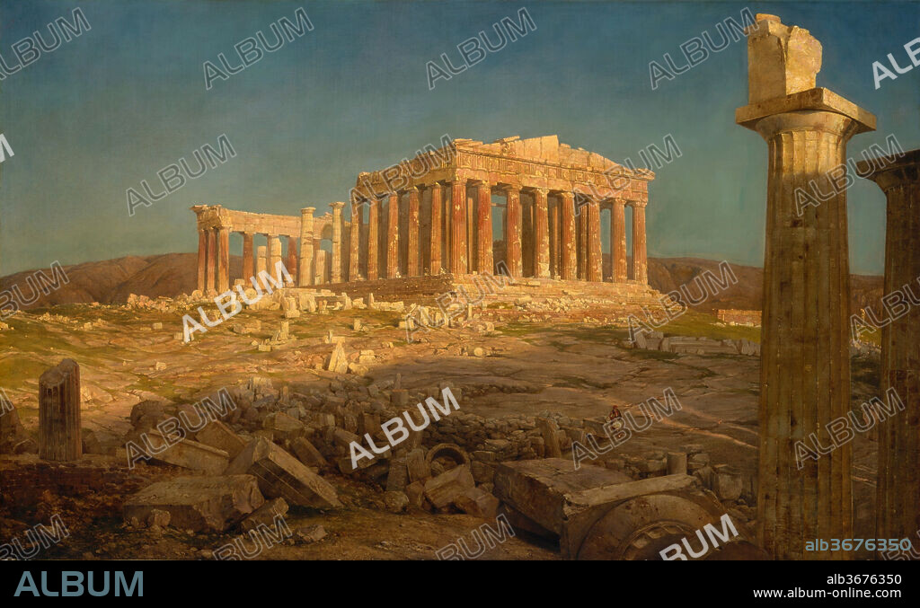 The Parthenon. Artist: Frederic Edwin Church (American, Hartford, Connecticut 1826-1900 New York). Dimensions: 44 1/2 x 72 5/8 in. (113 x 184.5 cm). Date: 1871.
Church visited Greece in 1869 and spent several weeks in Athens. There, he painted numerous studies and oil sketches of the ruins of the Parthenon that later served as the basis for this work. Although he intended to paint a large canvas of the Parthenon while still in Greece, it was not until 1871 that a commission from the financier and philanthropist Morris K. Jesup permitted Church to begin this large canvas. By February of that year, he was already at work on "a big Parthenon". By May, he had apparently finished the painting and wrote of his concern for its proper lighting in Jesup's home. The picture was first exhibited in New York at Goupil's Gallery in 1872 where it was highly acclaimed. It appeared subsequently in many major exhibitions, including the Paris Exposition Universelle of 1878.