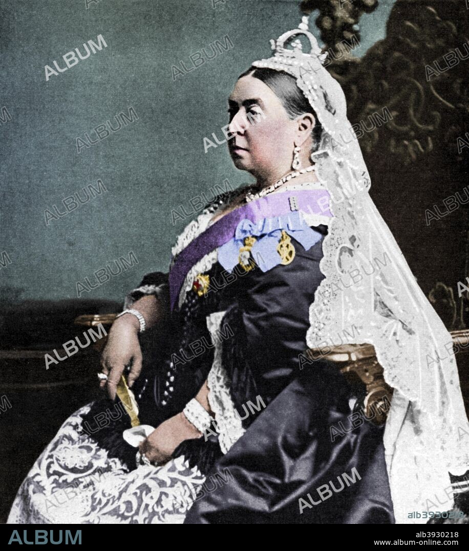 Queen Victoria in ceremonial robes at her Golden Jubilee, 1887 (1951). A print from 100 Years in Pictures, A panorama of History in the Making, text by DC Somervell, Odhams press Limited, London, 1951. (Colorised black and white print). (Colorised black and white print).