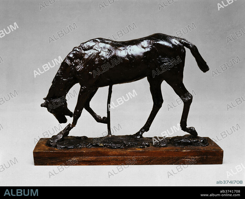 EDGAR DEGAS. Horse with Head Lowered. Dated: 1880s/early 1890s. Dimensions: overall without base: 18.4 x 7.9 x 27.2 cm (7 1/4 x 3 1/8 x 10 11/16 in.)  height without base (of horse): 17.8 cm (7 in.). Medium: brown wax and cork.