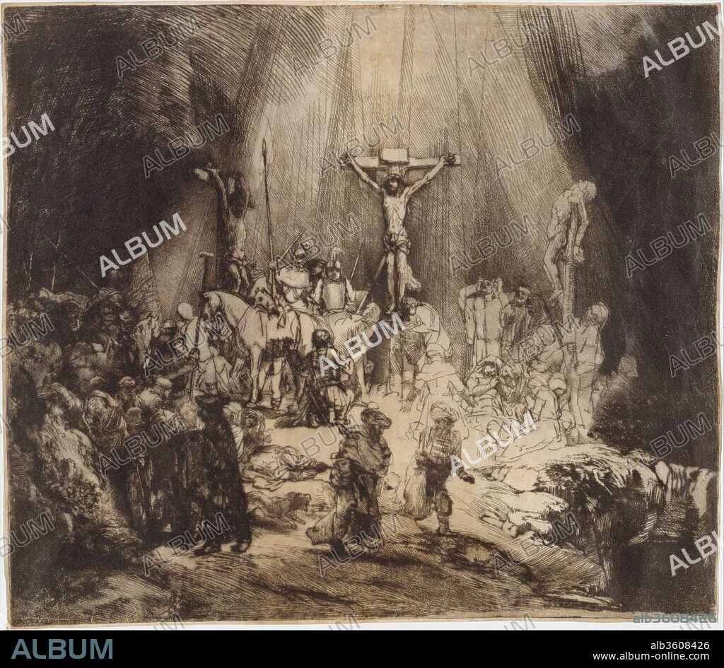 Christ Crucified between the Two Thieves: The Three Crosses. Artist: Rembrandt (Rembrandt van Rijn) (Dutch, Leiden 1606-1669 Amsterdam). Dimensions: Plate: 15 x 17 1/4 in. (38.1 x 43.8 cm)
Sheet: 15 1/8 x 17 7/16 in. (38.4 x 44.3 cm)
Mount: 22 x 28 in. (55.9 x 71.1 cm). Date: 1653.
The Three Crosses, one of Rembrandt's finest works in any medium, represents the culmination of his virtuosity as a printmaker.  He drew on the copperplate entirely in drypoint which allowed him to fully exploit the velvety areas of burr raised by the drypoint tool as it cut into the copper. When Rembrandt created this impression, he deliberately left ink on the printing plate; it lightly veils the figures standing at the foot of the cross on the right; a thicker layer almost completely covers the bushes along the right edge. By creatively inking the copperplate, Rembrandt in a certain sense painted each impression. Each time he printed the copperplate he created a unique work. He further varied impressions by printing them on different supports; this impression is printed on vellum, which infuses the composition with a warm light. Vellum, less absorbent than paper, holds ink on the surface, softening lines and enhancing the richness of entire effect.