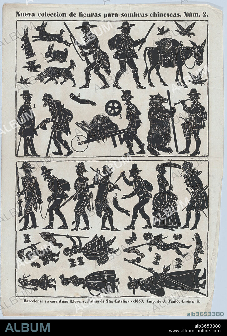 Sheet 2 of figures for Chinese shadow puppets. Dimensions: Sheet: 17 1/2 × 12 3/8 in. (44.5 × 31.5 cm). Printer: José Taulo (Spanish, active ca. 1855-70). Publisher: Juan Llorens (Spanish, active Barcelona, ca. 1855-70). Date: 1859.