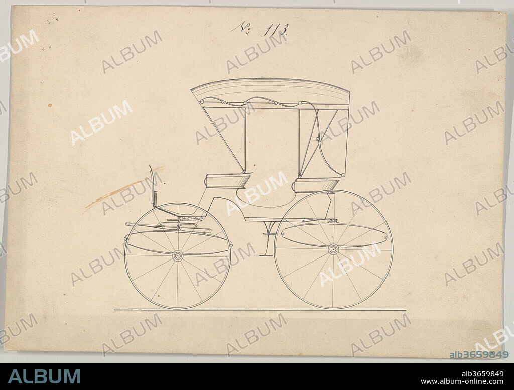 Design for Park Phaeton, no. 113. Dimensions: 5 13/16 x 8 5/16 in. (14.8 x 21.1 cm). Manufacturer: Brewster & Co. (American, New York). Date: 1850-74.
Brewster & Company History
Established in 1810 by James Brewster (1788-1866) in New Haven, Connecticut, Brewster & Company, specialized in the manufacture of fine carriages. The founder opened a New York showroom in 1827 at 53-54 Broad Street, and the company flourished under generations of family leadership. Expansion necessitated moves around lower Manhattan, with name changes reflecting shifts of management-James Brewster & Sons operated at 25 Canal Street, James Brewster Sons at 396 Broadway, and Brewster of Broome Street was based at 372 & 374 Broome Street with a repository (showroom) on 14th Street & Fifth Avenue. By 1874, Brewster & Company had 400 employees and combined warehouse and factory facilities at 47th & 48th Streets and Broadway. Brewster successfully branched out to produce their own automobiles, as well as supplying bodies for Rolls Royce at their Long Island City location. Notable clientele included Alfred Gwynne Vanderbilt, August Belmont, J.P. Morgan, John Jacob Astor, Andrew J. Cassatt (brother of artist Mary Cassatt), William Rockefeller, Henry Clay Frick and Pierre Lorillard. 
Talented draftsmen employed by the firm included Paul Steinbeck, Herman Stahmer and John Gribbon, the latter teaching at the Carriage Builders and Designers Technical School, which opened in 1880 and was housed initially at the Metropolitan Museum of Art. When the company finally dissolved in 1923, its last owner William Brewster (1866-1949) donated its archive of design and presentation drawings to the Museum where he served as benefactor and trustee.
Of all American carriage manufacturers, none was as highly regarded for design, finish and quality as Brewster & Company. They won many awards for outstanding workmanship, including the Legion d'Honneur (Legion of Honor) at the 1878 Paris Exposition (3rd World's Fair). In appreciation for this achievement the Carriage Builders' National Association presented them with a gold enameled Tiffany & Company plaque and autograph book signed by leading American carriage builders, both now at the Metropolitan Museum of Art.
Merri Ferrell, 2016.