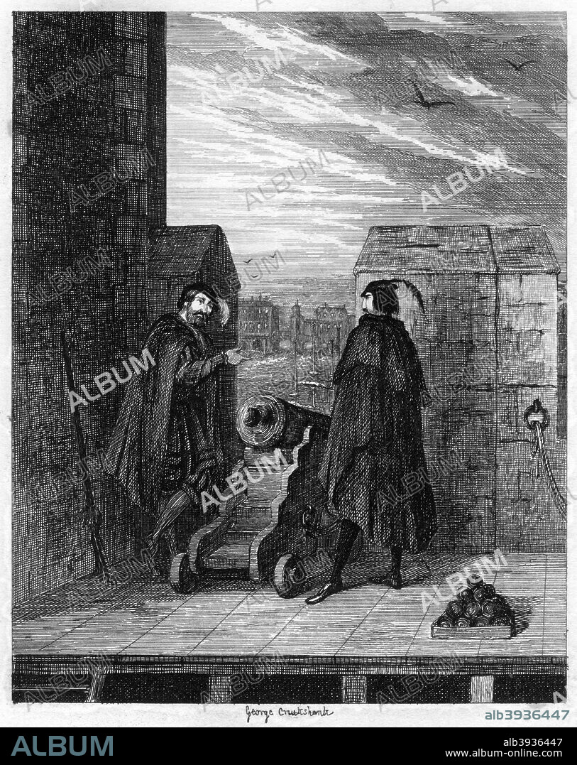 Simon Renard and Winwike the warden on the roof of the White Tower, 1553 (1840). Renard was Ambassador of the Holy Roman Empire Charles V to England from 1553-1555. A print from The Tower of London a Historical Romance, by William Harrison Ainsworth. (London, 1840).