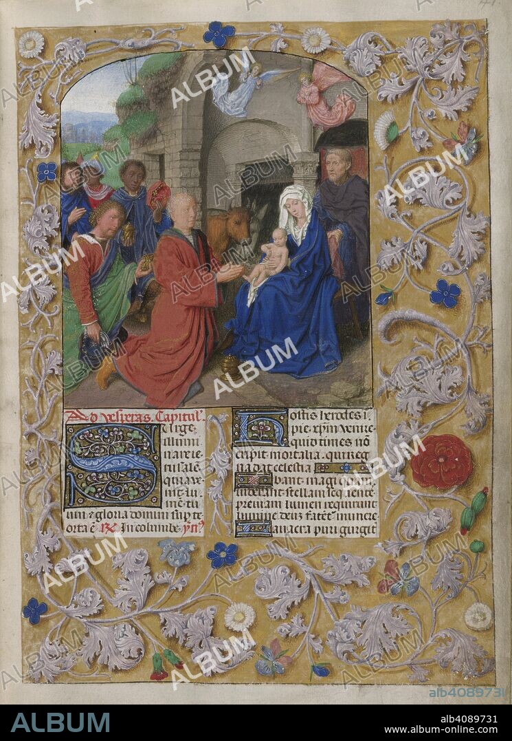 GERARD DAVID. Adoration of the Magi.  Temporale; the Feast of the Epiphany.The Holy Family, with kneeling Magi and angels above.Text with decorated initial 'S'. Borders of trompe l'oeil decoration with acanthus and flowers. Isabella Breviary. S. Netherlands [Bruges?]; circa 1490-1497. [Whole folio] Temporale; the Feast of the Epiphany.The Holy Family, with kneeling Magi and angels above.Text with decorated initial 'S'. Borders of trompe l'oeil decoration with acanthus and flowers.  Image taken from Isabella Breviary.  Originally published/produced in S. Netherlands [Bruges?]; circa 1490-1497. . Source: Add. 18851, f.41. Language: Latin.