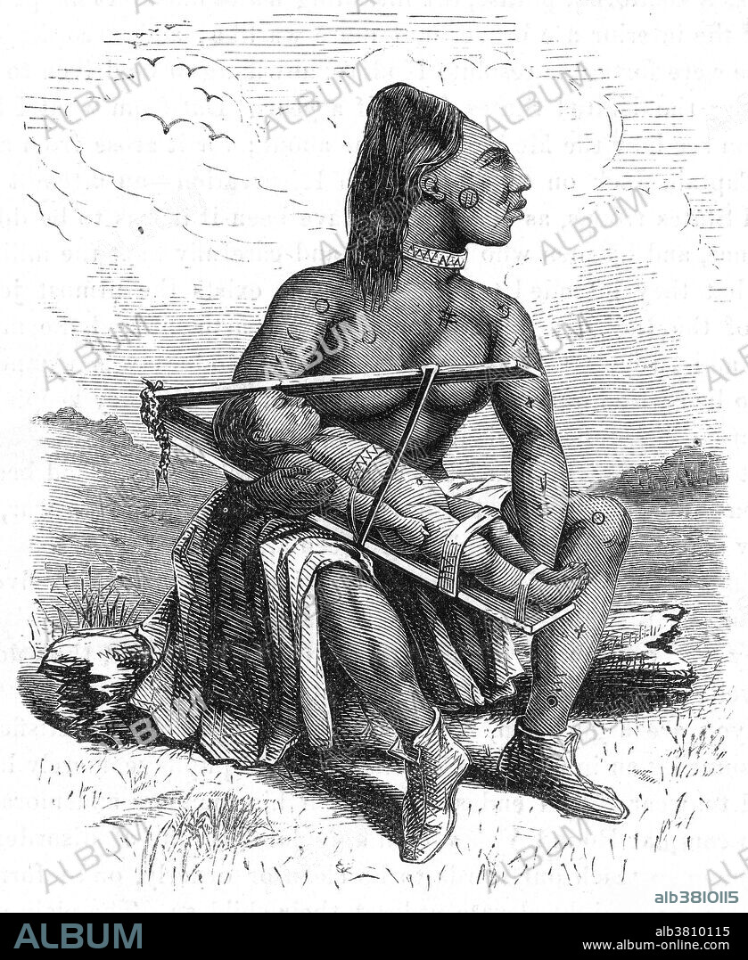 19th century engraving of a Chinook woman and child, showing their method of flattening children's heads, and the look this achieves in adults. The woman also sports traditional body markings. Originally published in Harper's magazine.