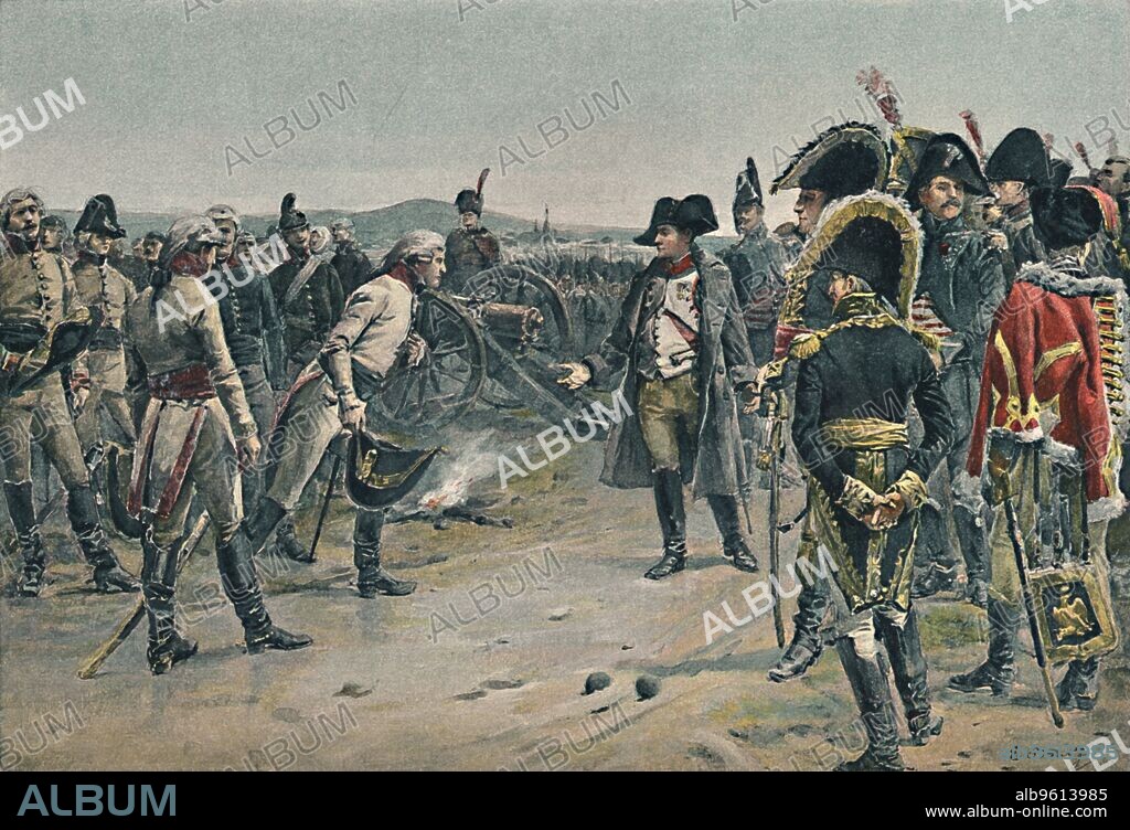 'The Meeting of Napoleon and Mack', 1805, (1896). Meeting between Napoléon Bonaparte (1769-1821) and Karl Freiherr Mack von Leiberich (1752-1828). Mack von Leiberich was commander of the Austrian forces that capitulated to Napoleon's Grande Armée in the Battle of Ulm, in present-day Germany. Typogravure after the aquarelle by E Boutigny. From Life of Napoleon Bonaparte, Volume II, by William Milligan Sloane. [The Century Co., Macmillan & Co., Limited, New York & London, 1896].