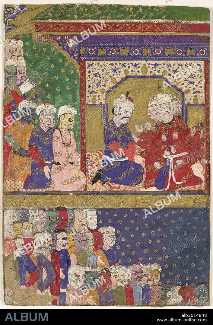 "The Court of Ravana", Folio from a Ramayana. Dimensions: Painting:  H. 10 7/8 in. (27.6 cm)
 W. 7 7/16 in. (18.9 cm)
Page: H. 10 7/8 in. (27.6 cm)
 W. 7 7/16 in. (18.9 cm)
Mat:  H. 19 1/4 in. (48.9 cm)
W. 14 1/4 in. (36.2 cm). Date: ca. 1605.
The page comes from a copy of the Ramayana probably made for the Mughal courtier Bir Singh Deo of Datia. Inspired by fifteenth-century Indian and Persian painting, this folio is unique from the others in this manuscript. The array of demon courtiers attending the ten-headed demon-king Ravana come right out of Safavid paintings of divs, while the ornament of the pavilion resembles the Persian tile decoration found in paintings from Shiraz.