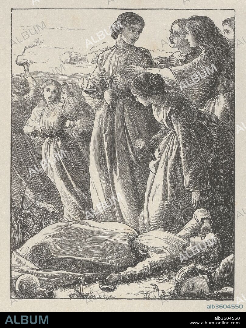 The Parable of the  [Ten] Virgins (he Parables of Our Lord and Saviour Jesus Christ). Artist: After Sir John Everett Millais (British, Southampton 1829-1896 London). Dimensions: image: 5 1/2 x 4 5/16 in. (13.9 x 10.9 cm)
sheet: 7 5/16 x 6 1/16 in. (18.6 x 15.4 cm). Engraver: Engraved and printed by Dalziel Brothers (British, active 1839-1893). Date: 1864.
It took Millais seven years to design twenty images inspired by New Testament Parables for the Dalziel Brothers, and the resulting prints are considered pinnacles of wood engraved illustration. The artist wrote to his publishers, "I can do ordinary drawings as quickly as most men, but these designs can scarcely be regarded in the same light--each Parable I illustrate perhaps a dozen times before I fix [the image]." After completing a design, Millais transferred it to a woodblock coated with "Chinese" white for skilled engravers to carve. Finally, he reviewed proofs, and final adjustments were made before the final printing.
The Parable of the Ten (or Wise and Foolish Virgins) appears in Matthew 25: 1-13, and inspired two designs, this image representing both the wise girls are prepared for a journey and leave on time to attend a wedding feast, while foolish ones have overslept and let their lamps burn low. Pre-Raphaelite ideals shaped the combination of detailed naturalism and down-to-earth imagery to produce a work distinctly different than most religious art of the period.