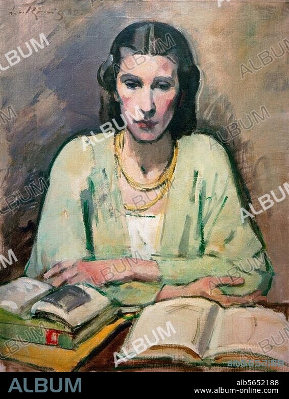 Koenig, Leo von. 1871-1944. The artist's wife (sitting in front of books)  , 1940. (Anna, née von Hansemann, the second wife of the artist;  1897-1992). Oil on canvas, 95 - Album alb5652188