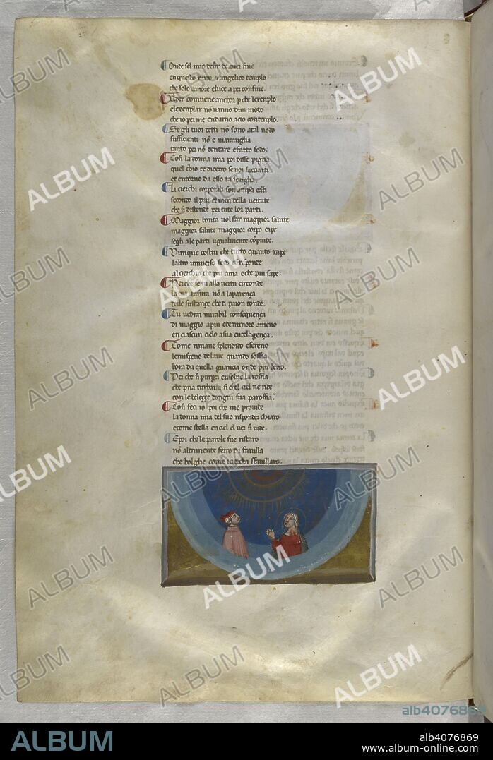 Paradiso : Beatrice explains the order to Dante. Dante Alighieri, Divina Commedia ( The Divine Comedy ), with a commentary in Latin. 1st half of the 14th century. Source: Egerton 943, f.176v. Language: Italian, Latin.