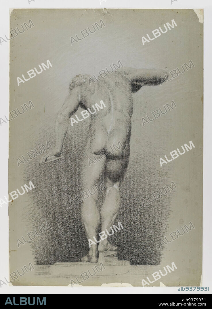 Nude Study, Daniel Huntington, American, 1816-1906, Black and white crayon  on blue-green, medium-weight, slightly textured wove paper, ca. 1848,  Sheet: 21 3/4 x 15 1/8 in. - Album alb9379931