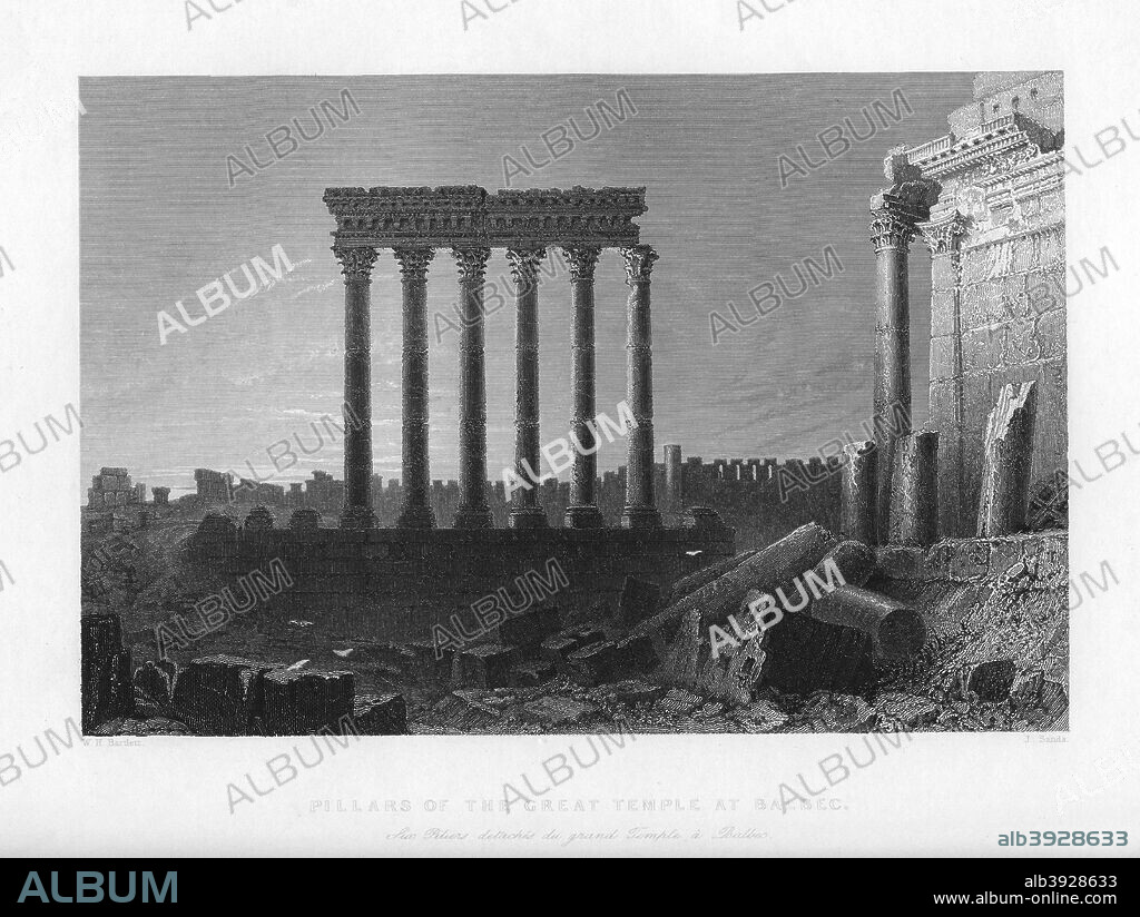 'Pillars of the Great Temple at Balbec', 1841. Roman ruins at the ancient site of Baalbek in the Lebanon. Illustration from Syria, the Holy land and Asia Minor, Volume I, by John Carne, series of views drawn from nature by W H Bartlett, William Purser, and Thomas Allom, (Fisher, Son & Co, London, 1841-1842).