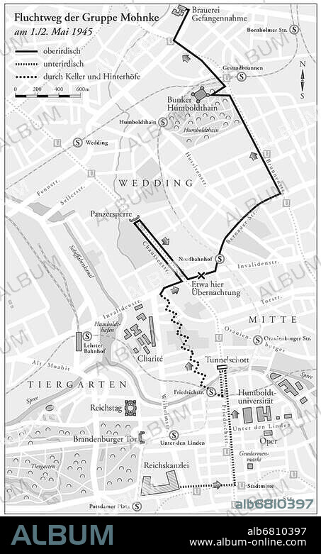 History / World War II / Nazi Germany. Wilhelm Mohnke , 1911 - 2001, General and one of the original members of the SS-Staff Guard. Map: Escape route of Hitler's staff under General Mohnke. (After Hitler's suicide General Wilhelm Mohnke and other members of Hitler's staff decided to escape from Berlin to the Allies on the western side of the Elbe or to the German Army. Mohnke's group planned to break out towards the German Army, positioned in Prinzenallee. The group headed along the subway but their route was blocked so they went aboveground and later joined hundreds of other Germans civilians and military personnel who had sought refuge at the Schultheiss-Patzenhofer Brewery on Prinzenallee. On 2 May 1945, General Weidling issued an order calling for the complete surrender of all German forces still in Berlin. Knowing they could not get through the Soviet encirclement, Mohnke decided to surrender to the Red Army).