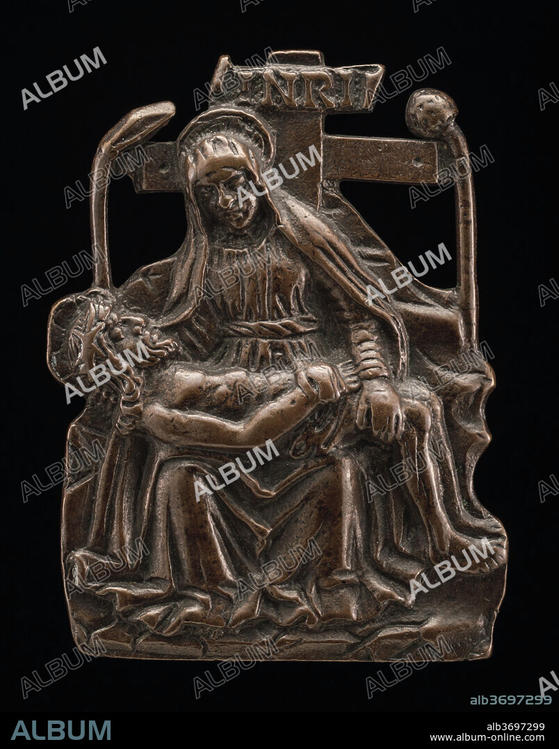 VENETIAN 15TH CENTURY. Pietà. Dated: late 15th century. Dimensions: overall (silhouetted on three sides): 6.6 x 4.8 cm (2 9/16 x 1 7/8 in.) gross weight: 55 gr. Medium: bronze//Medium brown patina.