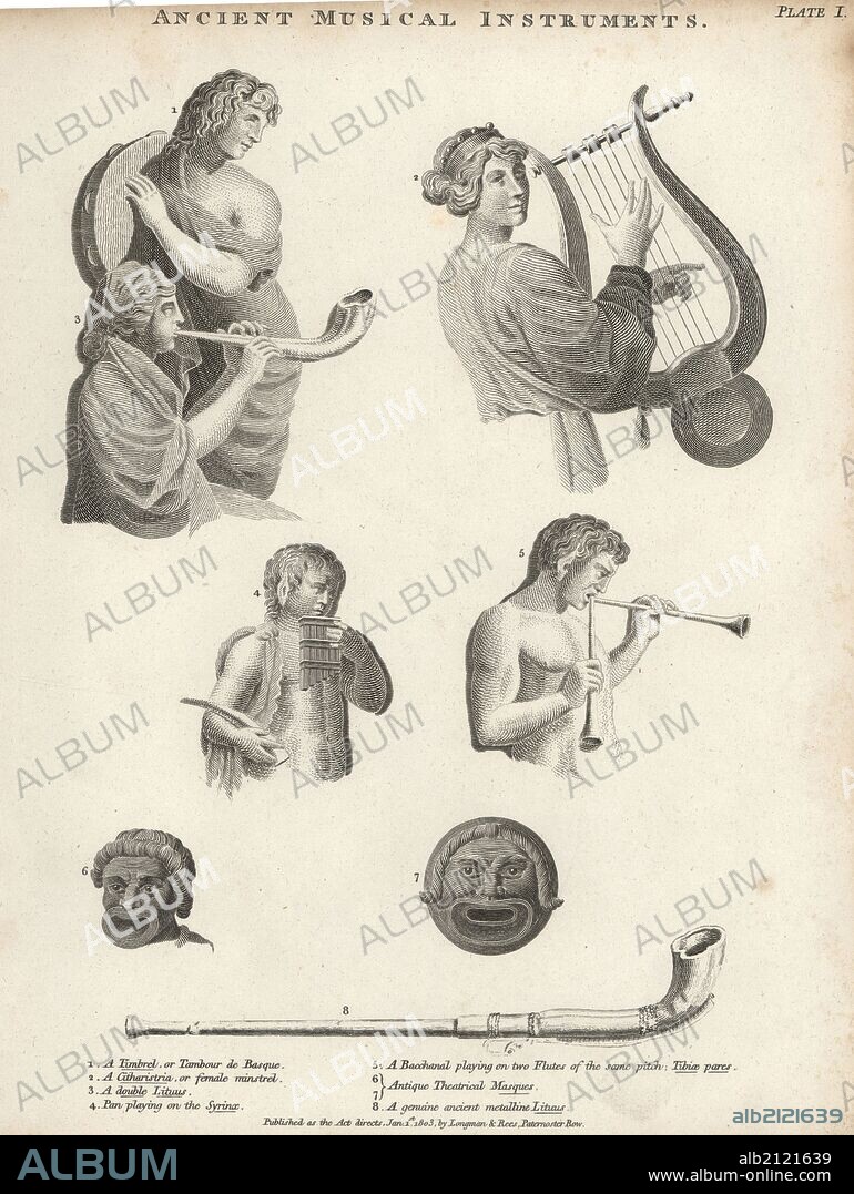 Ancient Roman musical instruments. A timbrel of tambour de Basque (1), a citharistria or female minstrel (2), a double lituus (3), Pan playing on the syrinx (4), a bacchanal playing on two flutes of the same pitch, tibiae pares (5), antique theatrical masques (6,7), and a genuine ancient metalline Lituus (8). Copperplate engraving from Abraham Rees' Cyclopedia or Universal Dictionary of Arts, Sciences and Literature, Longman, Hurst, Rees, Orme and Brown, London, 1820.