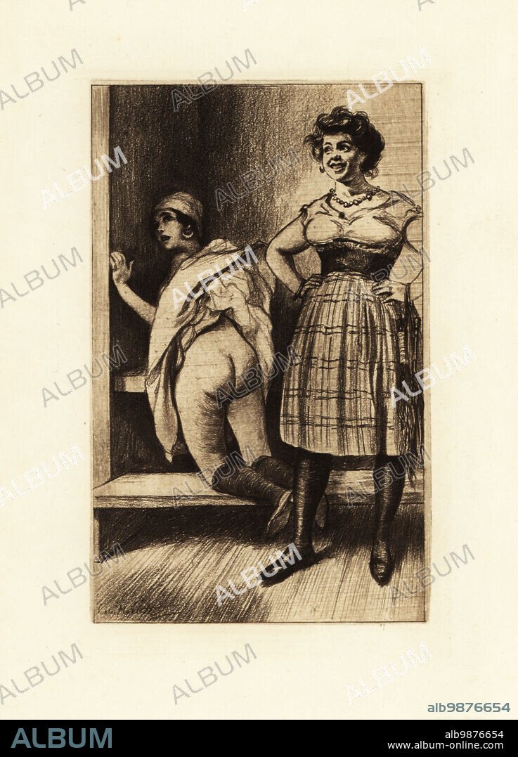 Slave with birch rod laughing at a white woman with her buttocks exposed in  a corner of a room. Originally published in the Victorian spanking novel  The Memoirs of Dolly M -