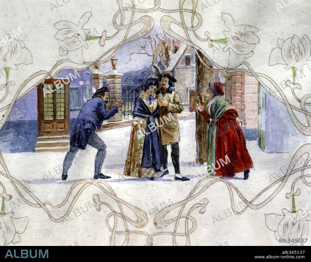 Watercolour scene from opera "La Boheme" by G. Puccini 1900.