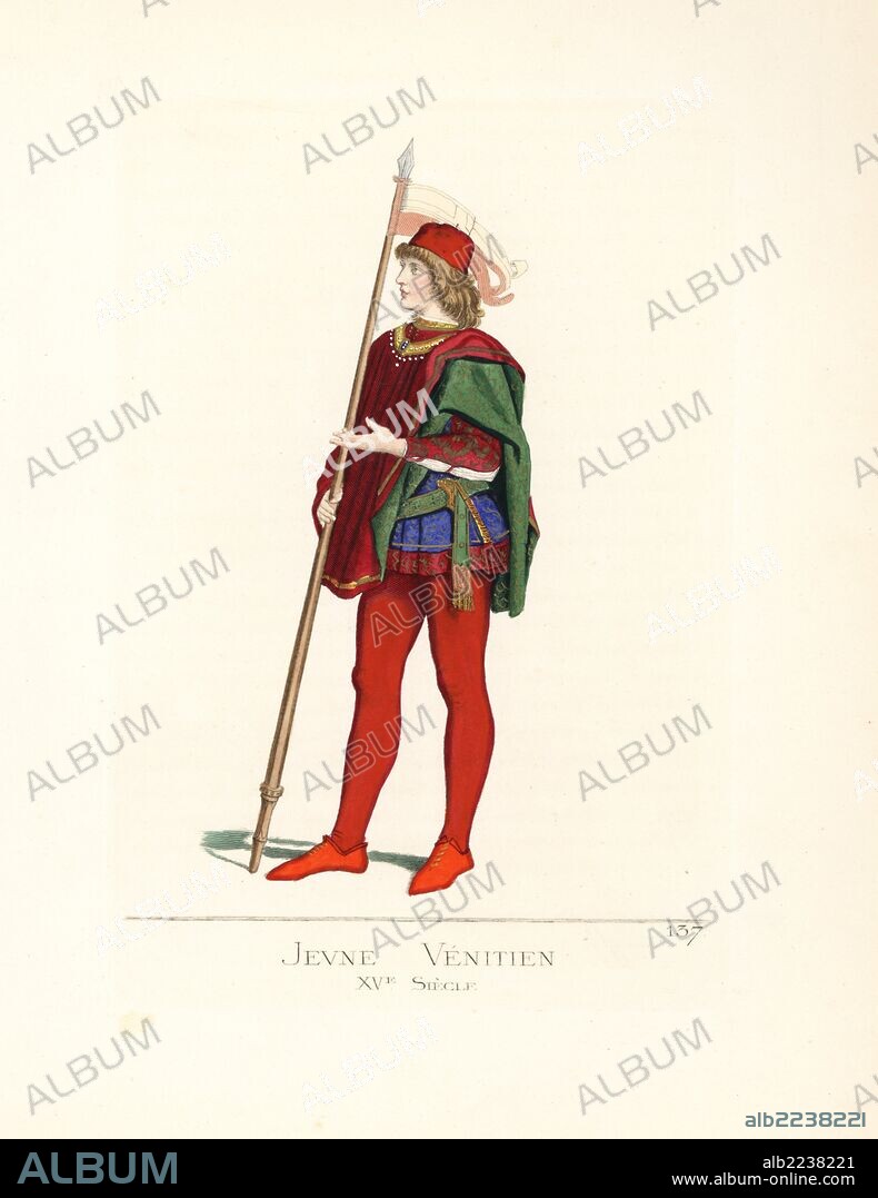 Young Venetian man with banner, 15th century. He wears a scarlet bonnet, a  short velvet cape, a crimson and blue doublet, white shirt, scarlet wool  stockings and red shoes - Album alb2238221