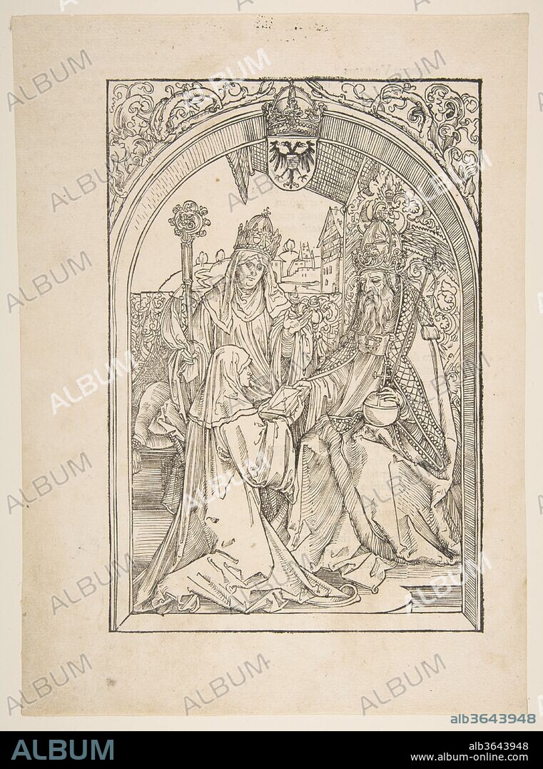 ALBRECHT DÜRER. Rosvitha Presenting the Comedies to the Emperor Otto I. illustration from the Opera Hrosvita, 1501. Artist: Albrecht Dürer (German, Nuremberg 1471-1528 Nuremberg). Dimensions: sheet: 10 3/4 x 7 13/16 in. (27.3 x 19.8 cm)
image: 8 1/2 x 5 3/4 in. (21.6 x 14.6 cm). Date: n.d..