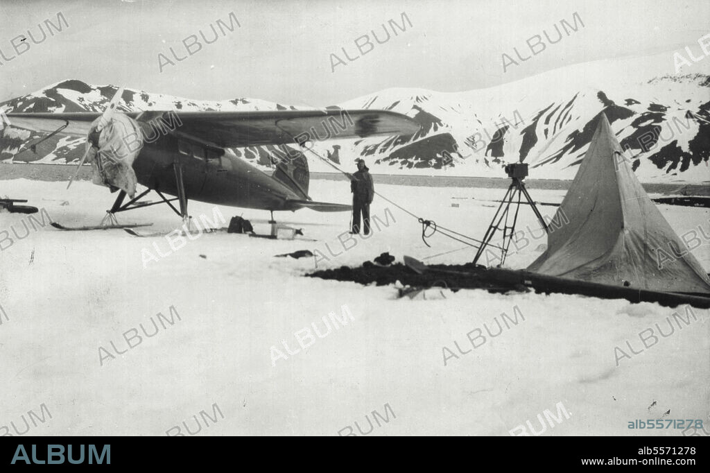 First Photos Walkins-Hearst Expedition Into The Antarctic -- The speedy Lockheed-Vega plane in which Capt. Sir Hubert Wilkins and Lt. Carl Ben Eielson Flew over the Antarctic was set up on skills before taking-off on the air expedition. June 5, 1929.