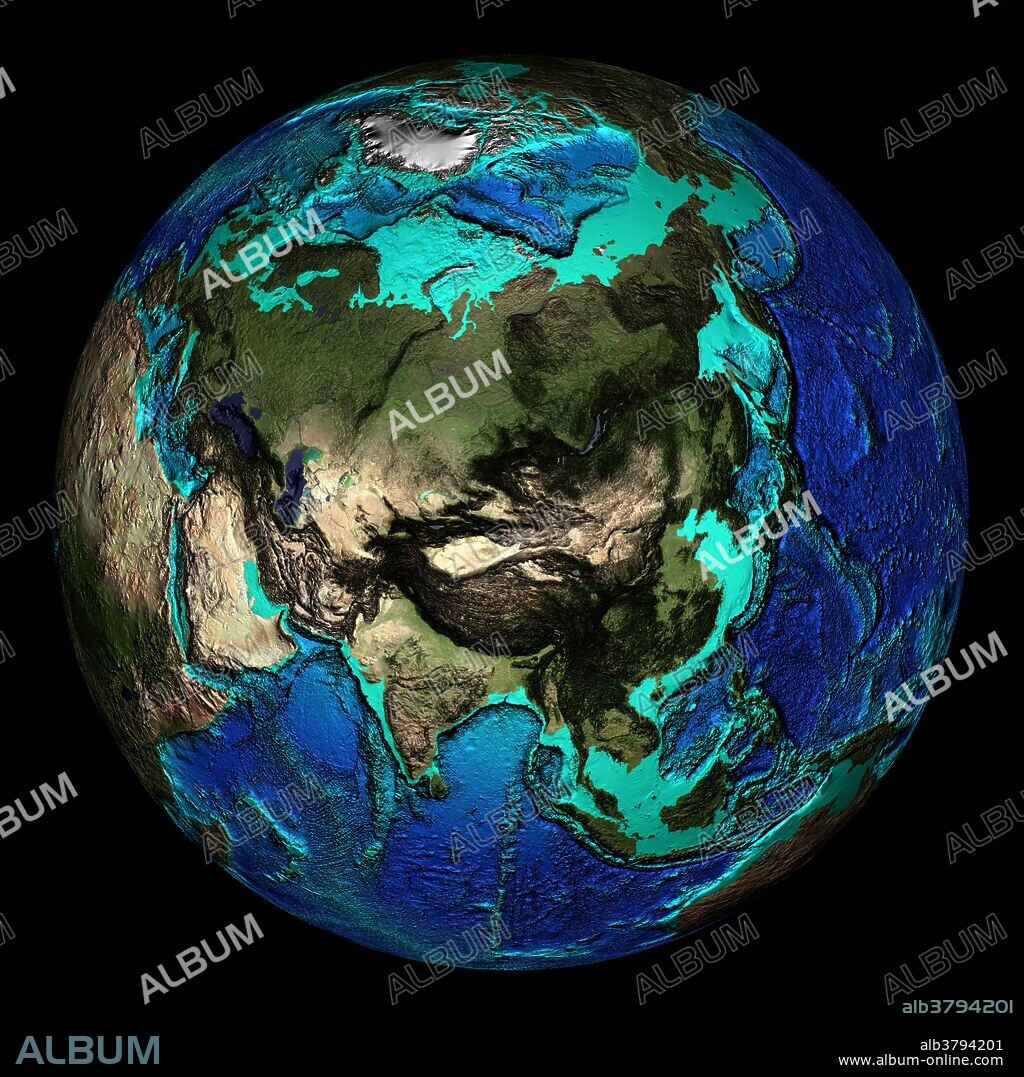 Topographical map of the Earth, centered on 45 degrees North, 90 degrees East. Specifically seen at these coordinates are the Himalaya mountain range (at center), which contains Mount Everest, the highest point on Earth (8848 meters above sea level). The lowest point in the Mariana Trench (10,900 meters below sea level) is also shown (lower edge of the dark arc at center right). The seas and oceans are color-coded by depth and land colors are based on MODIS true-color data from the Terra satellite in 2004 where darker regions represent highlands. Turquoise regions represent the continental shelf and descend to around 150 meters before dropping off abruptly at the shelf break. The descent of the continental slope to the ocean floor is shown as increasingly dark shades of blue.