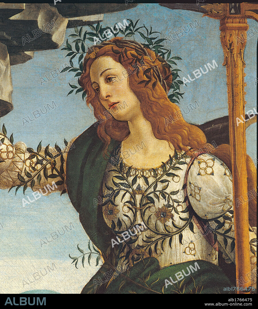 Pallas and the Centaur (Minerva and the Centaur), by Sandro Filipepi Known as Botticelli, 1482-1483 about, 15th Century, tempera on canvas, cm 205 x 147,5. Italy, Tuscany, Florence, Uffizi Gallery. Detail. Close up of a woman, armed with halberd, wearing a green cloak, crown of entwined olive branches and white clothes adorned with diamond ring motifs and edged around the neckline. Long ginger hair. A rock formation over her head projects like a cornice. Authorization required for non editorial use.