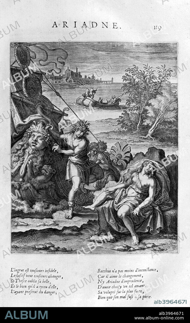 'Ariadne', 1615. Ariadne, in Greek mythology, was daughter of King Minos of Crete and his queen, Pasiphaë. She is associated both with the battle of Theseus and the Minotaur; and with the god Dionysus. A plate from Les Images Ou Tableaux De Platte Peinture.