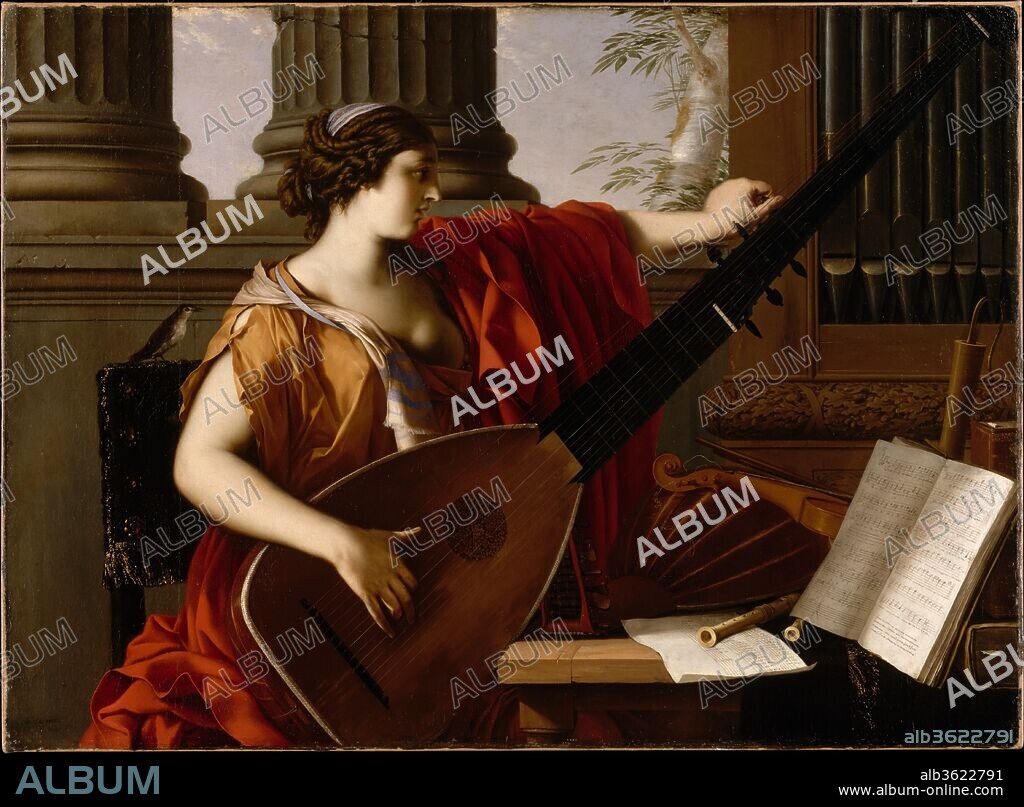 Allegory of Music. Artist: Laurent de La Hyre (French, Paris 1606-1656 Paris). Dimensions: 41 5/8 x 56 3/4 in. (105.7 x 144.1 cm). Date: 1649.
The allegorical figure tunes a theorbo. At her shoulder is a songbird, symbol of natural music, whereas by contrast she may be a representation of modern music theory and practice. To the right are various contemporary instruments and scores: a lute, a violin, two recorders, a vocal exercise, and a song in two parts. This canvas, originally flanked by two music-making putti (Musée Magnin, Dijon), belonged to a series of the seven Liberal Arts commissioned by Gédéon Tallemant (1613-1668) for his house in the Marais quarter in Paris.